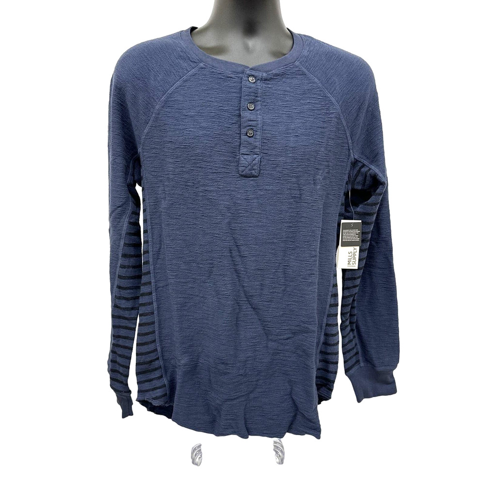 NWT Men’s Sz L MILLS SUPPLY 3 Button Henley Shirt. Mood Indigo. Striped Sides.